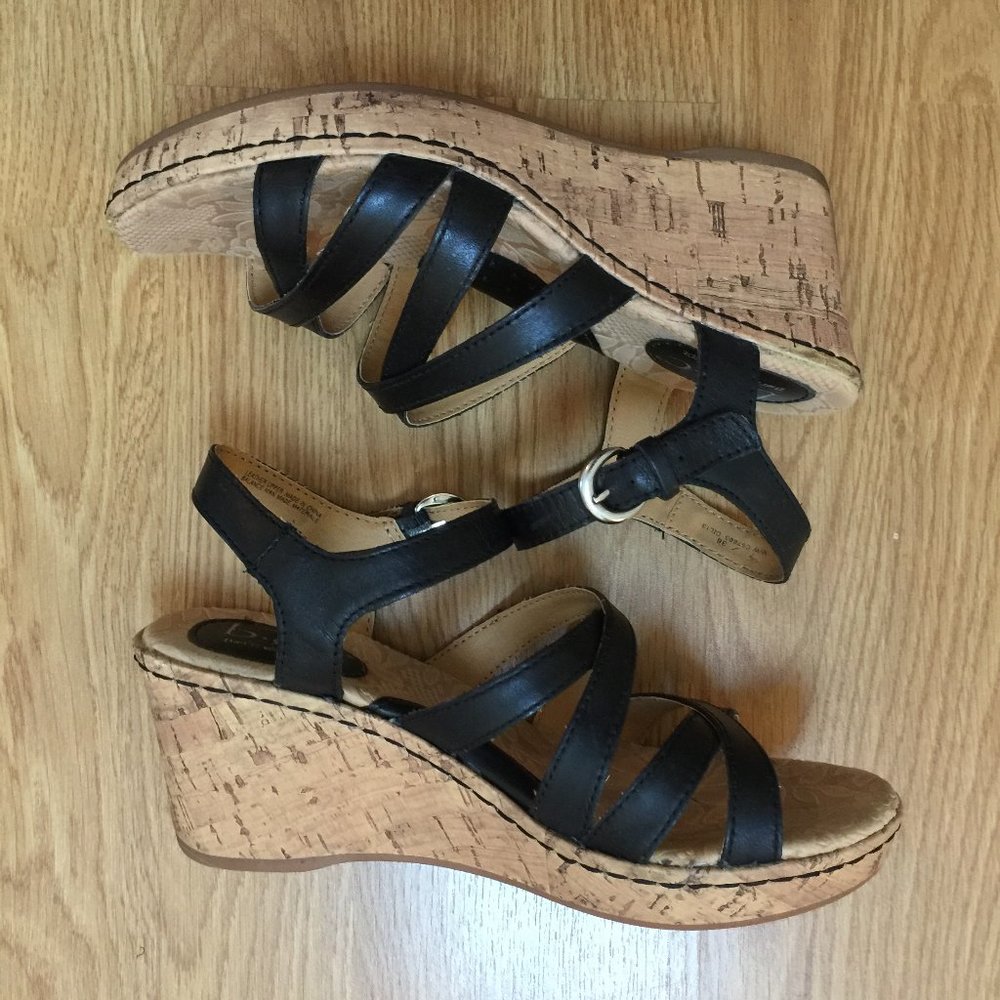 Black leather strappy sandals with cork wedge heel